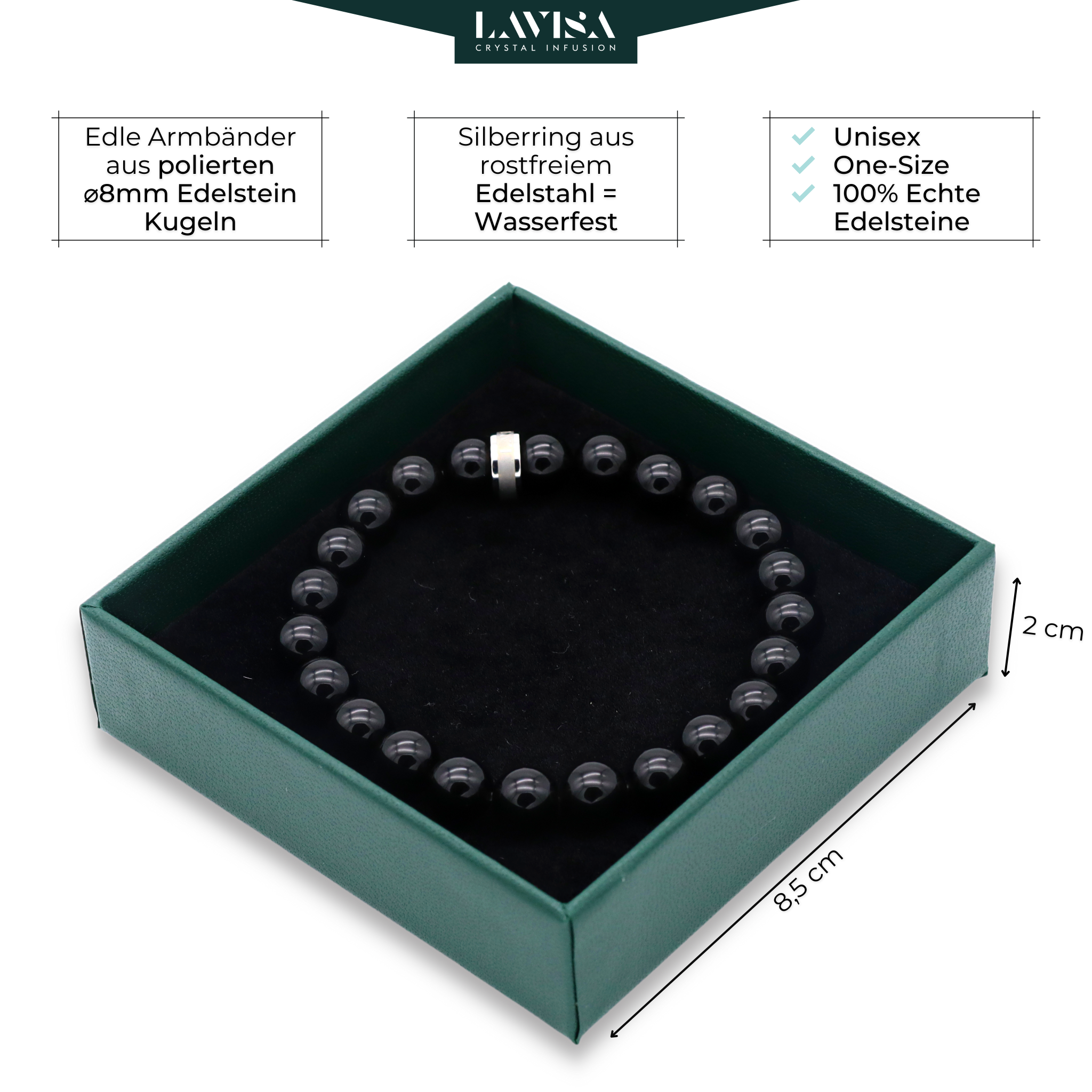 Schwarzer Obsidian Edelstein Armbänder lavisa 10 Varianten 8mm Perlen Kristallarmband